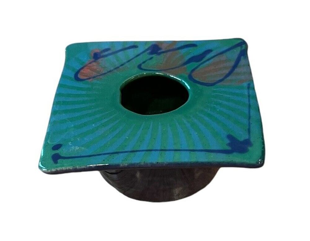 Studio Art Pottery Teal Blue Ceramic Flower Frog Signed One Of A Kind